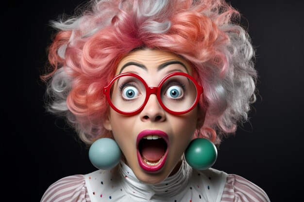 Фото Первый апрель удивленная девушка с открытым ртом с красным носом в костюме клоуна синие волосы