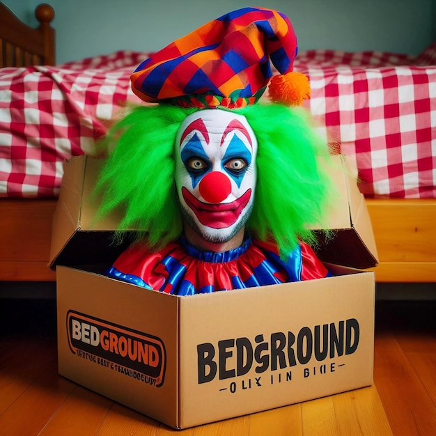 Foto april fools day verrassing clown in een geschenk doos