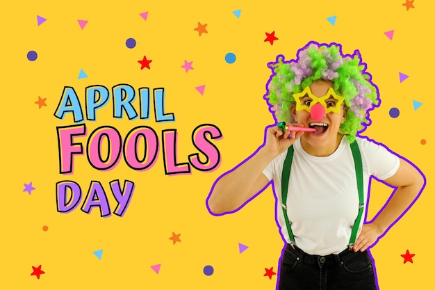 April Fools Day woman in clown costume on yellow background with text