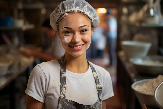 Foto donne giovani che indossano grembiule cucinano e posano generative ai