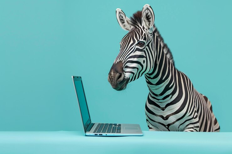 Aqua Blue Zebra with Computer Fun and Cheerful Animal Portrait with a Modern Tech Friendly Appeal