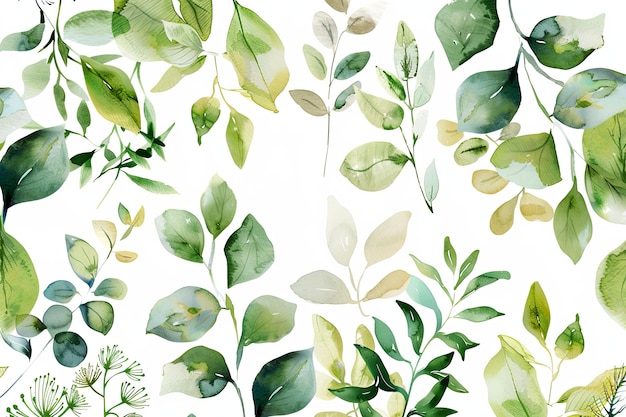 Aquacolored watercolor of plant leaves on a white background