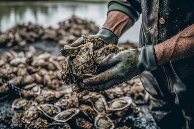 Aquaculture closeup oysters harvested from a farm