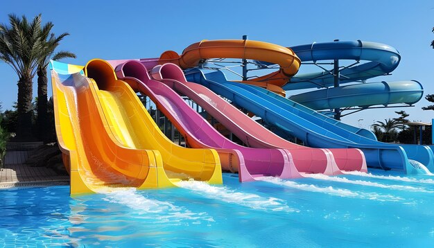 Aquapark met kleurrijke glijbanen voor ontspanning en plezier onder de lucht