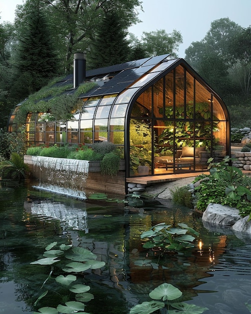 Aquaponic Greenhouse Powered By Solar Panels Background