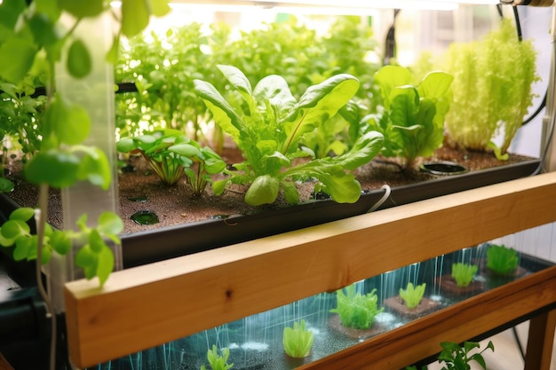 Aquaponics system with closeup of the fish and plant ecosystem created with generative ai