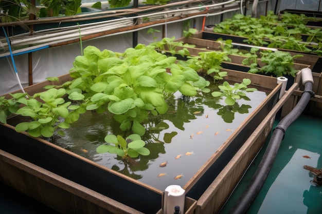 Foto sistema acquaponico con tilapia e pomodorini realizzato con intelligenza artificiale generativa