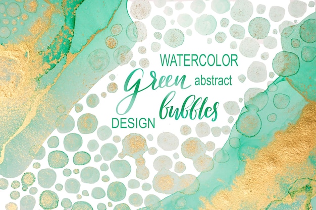 Aquarel abstracte achtergrond met groene en gouden bubbels