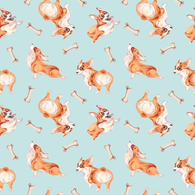 Foto aquarel achtergrond van corgi-honden met een bot naadloos patroon de illustratie is met de hand getekend voor ontwerpers die op stof en behang afdrukken