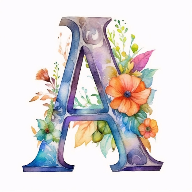 Aquarel alfabet met bloemen en bladeren Letter Een met de hand getekende illustratie