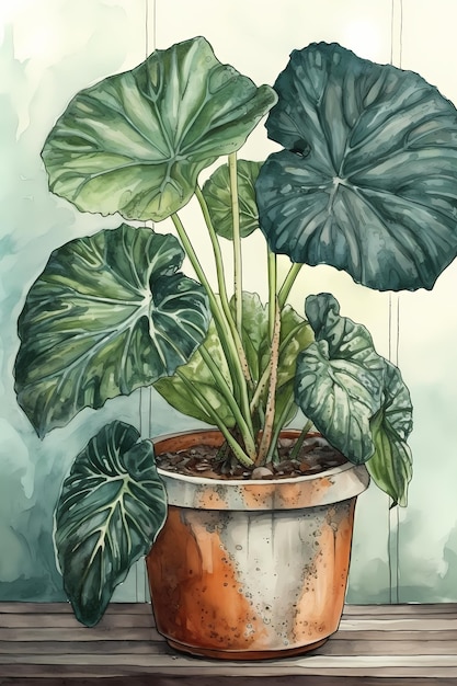 Foto aquarel alocasia plant in pot voor exotisch en tropisch home decor generatieve ai