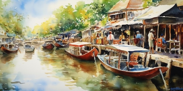 aquarel Amphawa Drijvende markt Amphawa Thailand