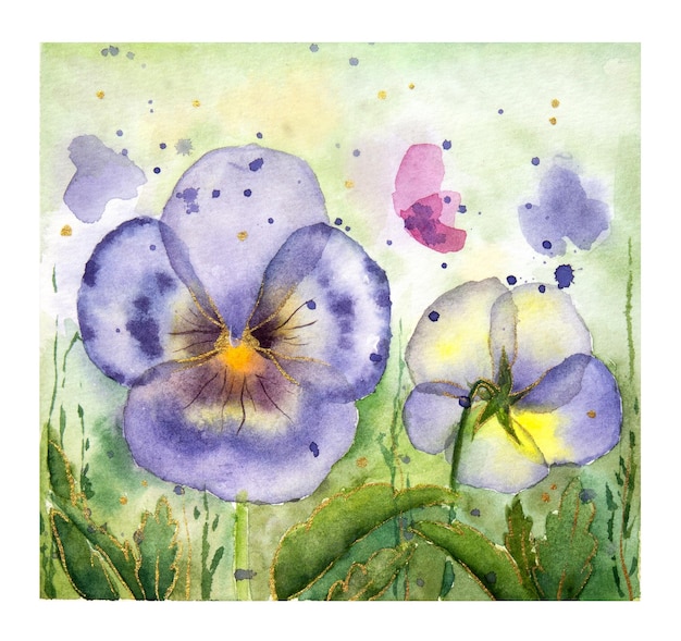 Aquarel ansichtkaart met blauwe en gele viooltjes op de groene achtergrond