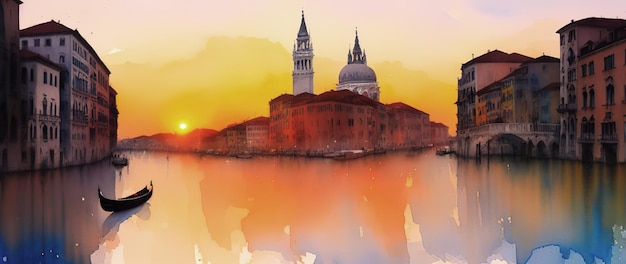 Aquarel ansichtkaart Venetië uitzicht op het grote kanaal en de basiliek Gondels en het eiland San Giorgio Maggiore