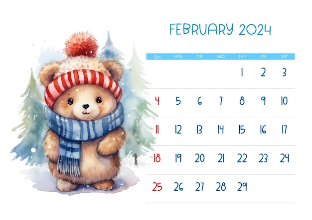 Aquarel baby beer met hoed printbare kalender 2024