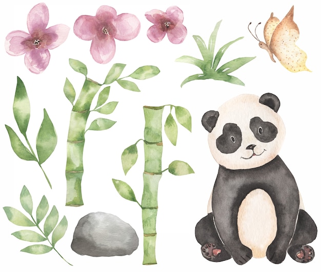 Aquarel Baby Panda clipart. Safari dier, bamboe boeket, tropische bloemenkrans, bosbeer illustraties, babydouche, kinder verjaardagsfeestje