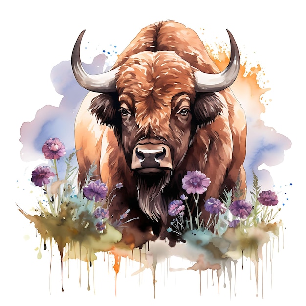 Aquarel Bison Wild dier omgeven door Prairie Clover Co op witte achtergrond digitale kunst