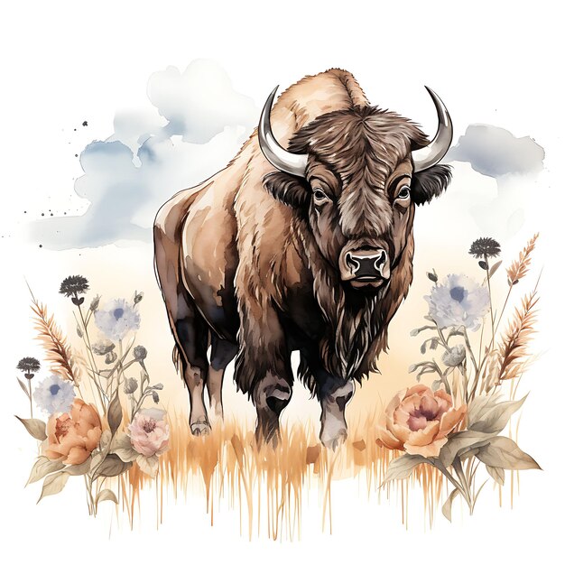 Aquarel Bison Wild dier omgeven door Prairie Clover Co op witte achtergrond digitale kunst