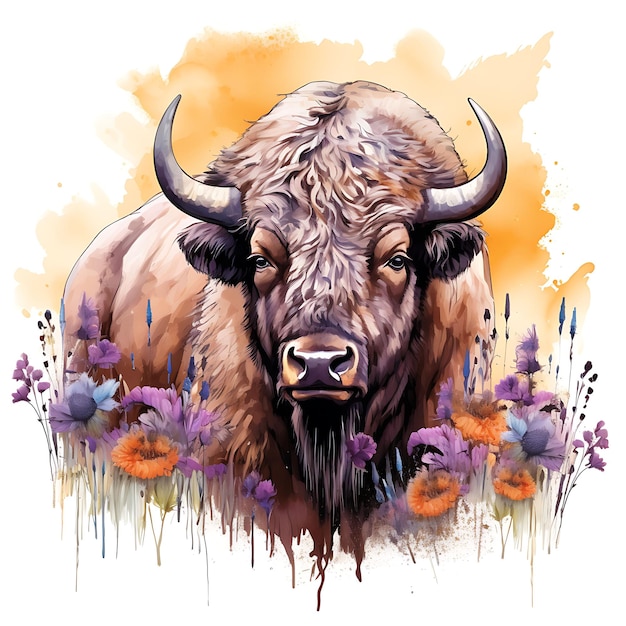 Aquarel Bison Wild dier omgeven door Prairie Clover Co op witte achtergrond digitale kunst