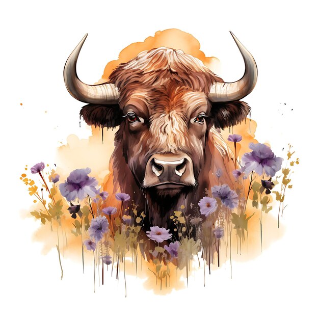 Aquarel Bison Wild dier omgeven door Prairie Clover Co op witte achtergrond digitale kunst