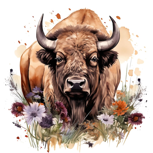 Aquarel Bison Wild dier omgeven door Prairie Clover Co op witte achtergrond digitale kunst