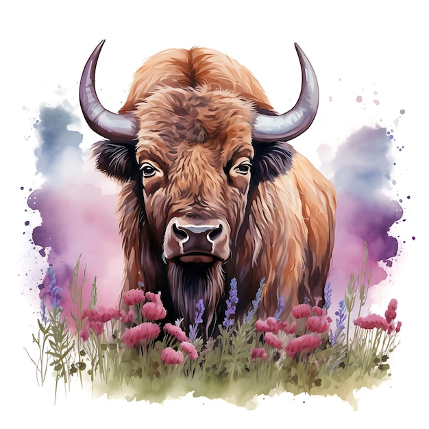 Aquarel Bison Wild dier omgeven door Prairie Clover Co op witte achtergrond digitale kunst