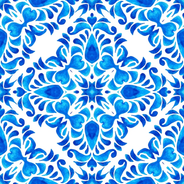 Aquarel blauw damast hand getekend bloemdessin Naadloze patroon tegels ornament