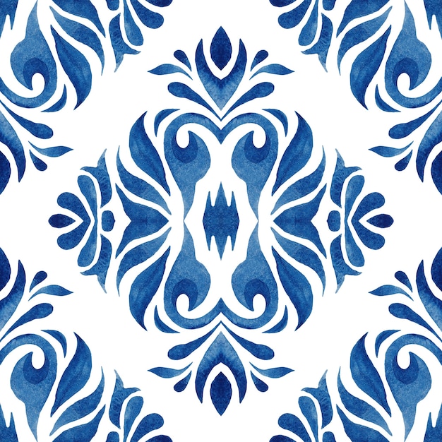 Aquarel blauw damast hand getekende bloemmotief. Naadloze, tegels sieraad. Ikat patroon herhalen.