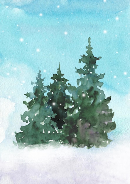 Aquarel blauw landschap van mistige bosheuvel Evergreen coniferen Wildlife bevroren mistige taiga Verticale aquarel achtergrond