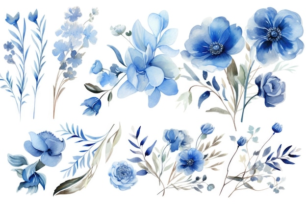 Aquarel blauwe bloemstuk collectie