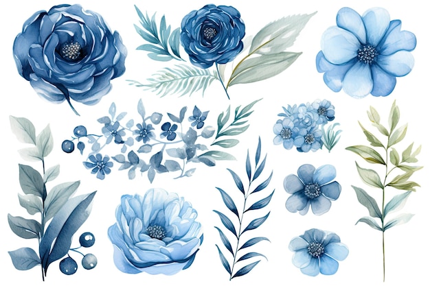 Aquarel blauwe bloemstuk collectie