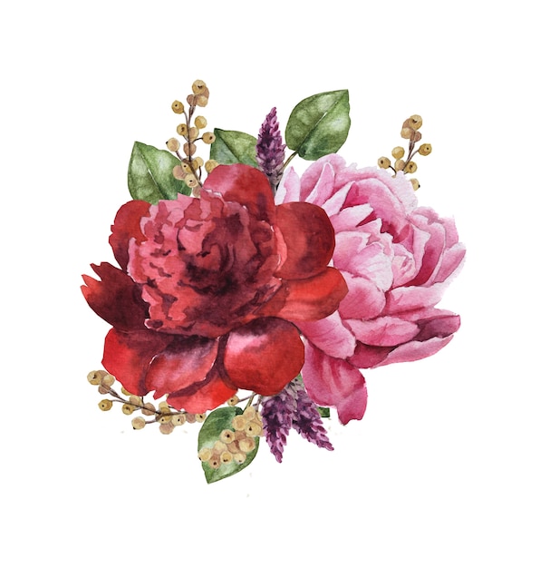 Aquarel bloemboeket met bladeren en pioenroos