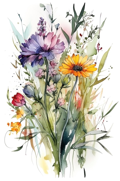 Foto aquarel bloemen boeket op witte achtergrond bruiloft uitnodiging botanische kunst print