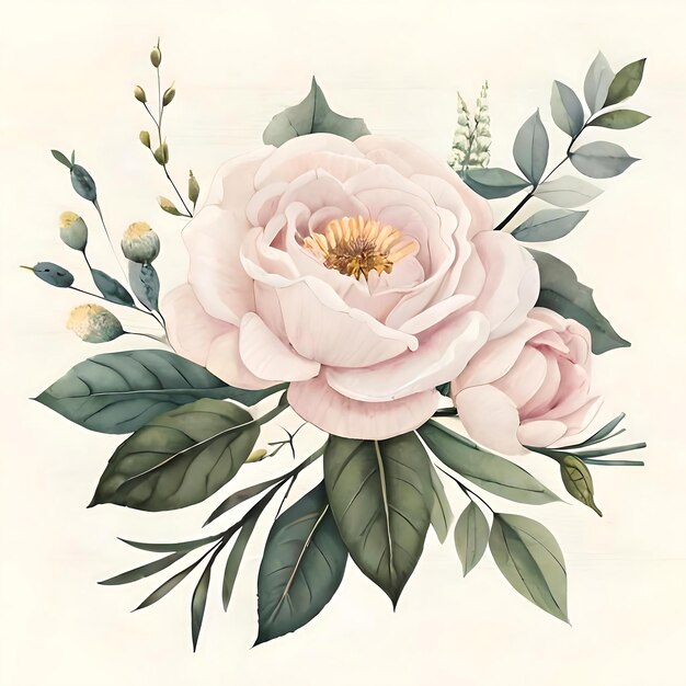 Aquarel bloemen illustratie boeket witte bloemen roos pioen groen Generatieve AI