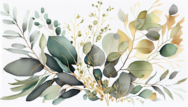 Aquarel bloemen illustratie groen bladgoud takken Eucalyptus olijf