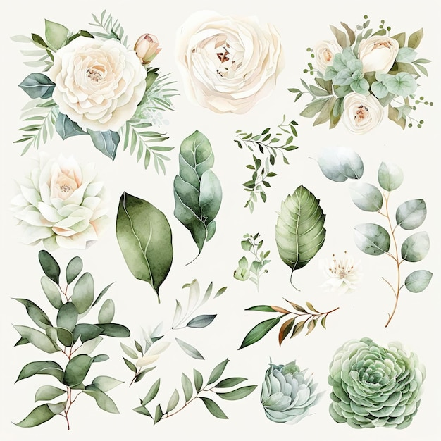 Aquarel bloemen illustratie set Witte bloemen afbeelding groene bladeren collectie elementen