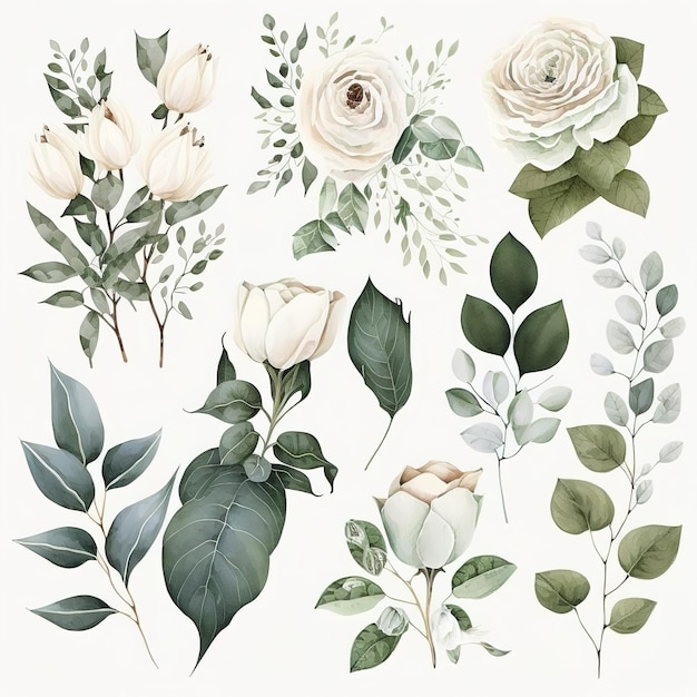 Aquarel bloemen illustratie set Witte bloemen afbeelding groene bladeren collectie elementen