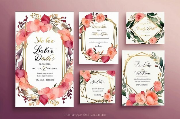 Aquarel bloemen kader bruiloft uitnodigingen kaarten sjabloon met geometrische gouden frame