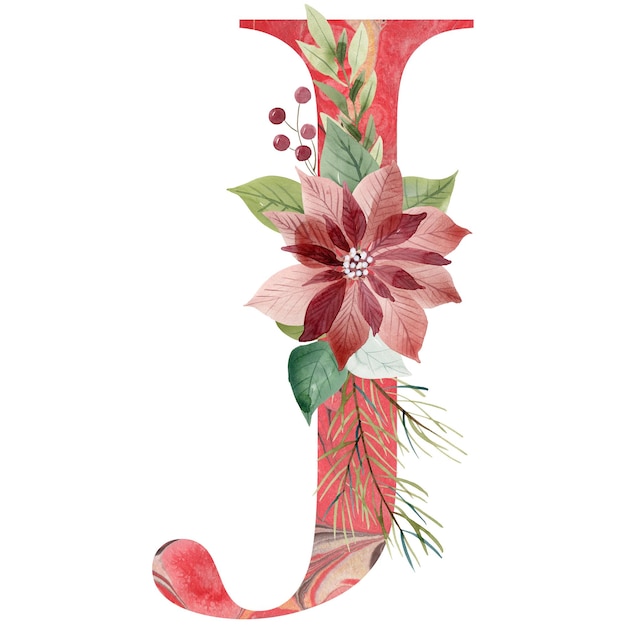 Foto aquarel bloemen letter j met kerstster