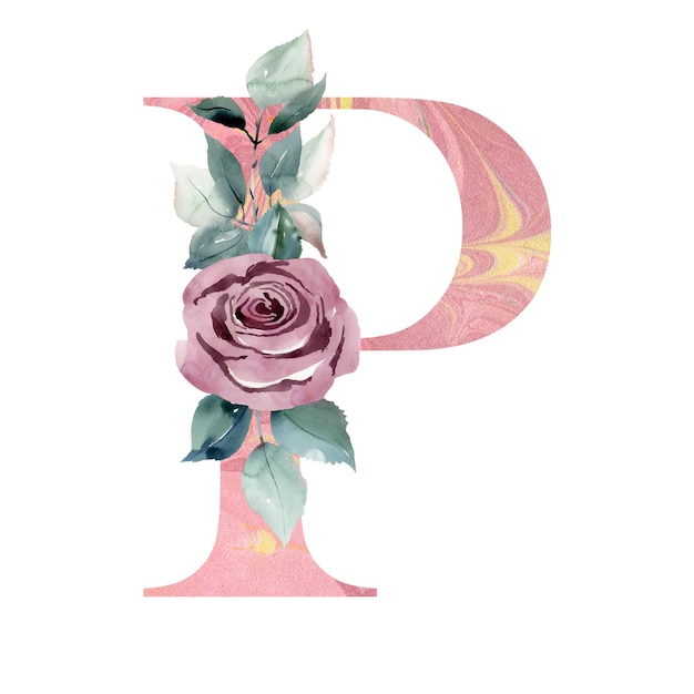 Aquarel bloemen letter P met roos