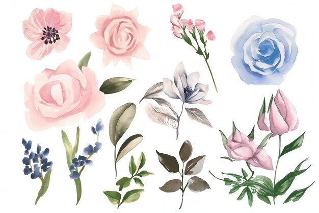 Aquarel bloemen mooie bloemen illustratie set boeketten kransen bloemen vector voor bruiloftsuitnodigingen verjaardag verjaardag postkaarten groeten aquarel achtergrond concept.