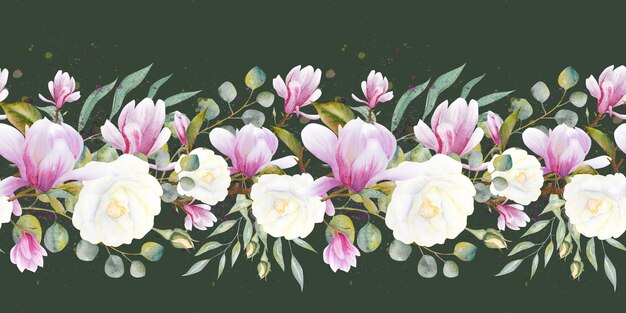 Foto aquarel bloemen naadloze rand met groene eucalyptus bladeren rozen en takken met magnolia bloemen hand getekende aquarel illustratie