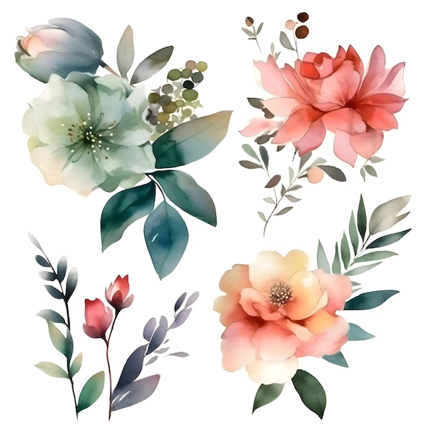 Aquarel bloemen set Hand geschilderde illustratie geïsoleerd op witte achtergrond