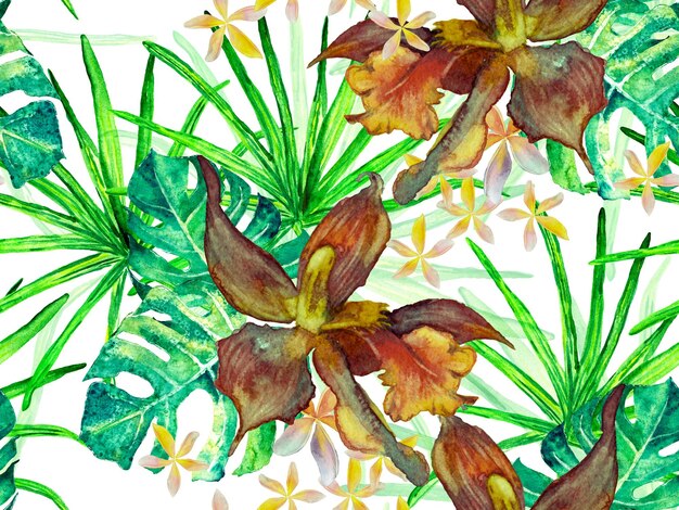 Aquarel bloemenachtergrond. Tropische zomerprint. Exotisch Hawaiiaans ontwerp. Thailand bekleding textuur. Orchidee Naadloos Patroon. Badmodeprint met orchideeën, palmbladeren. Groen en Turkoois