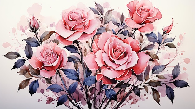 Aquarel bloemenboeket clipart illustratie en roos bloemen tak met groene bladeren voor groetekaartje of bruiloft uitnodiging kaart op witte achtergrond