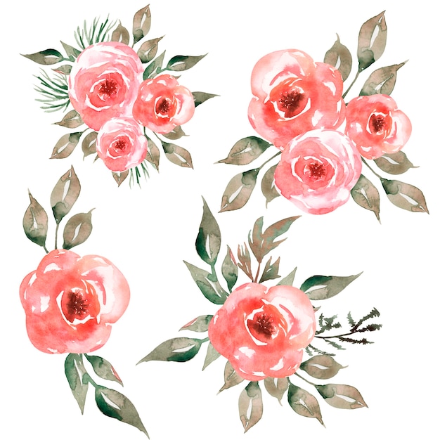 Aquarel bloemenboeket illustratie met roze bloemen, grijs groene bladeren