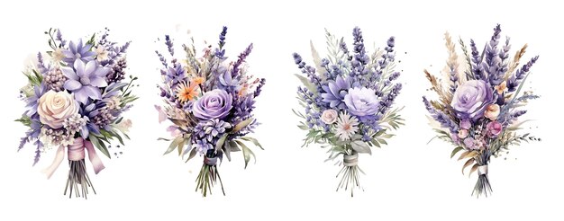 Aquarel bloemenboeket in paarse tinten