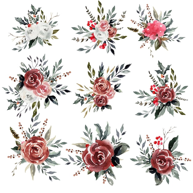 Aquarel bloemencollectie van winterbloemen en rozen