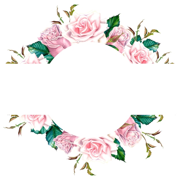 Aquarel bloemenkrans met pastelroze roosbloemenknoppen en groene bladeren Met de hand getekende botanische illustratie op een geïsoleerde achtergrond Ronde frame voor groetekaartjes of bruiloftsuitnodigingen