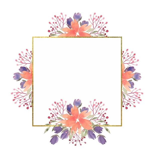 Aquarel bloemige vierkante frame met paarse en oranje bloemen verschillende takken frame met gouden